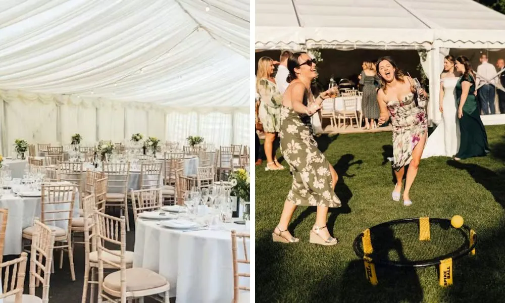 wedding breakfast in a marquee and guests playing lawn games