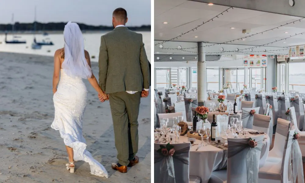couple walking along the sand and wedding breakfast with pink roses