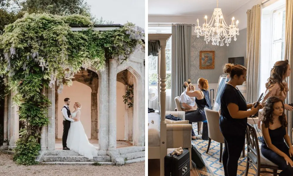 couple stood under stone pillars and ladies getting ready for wedding
