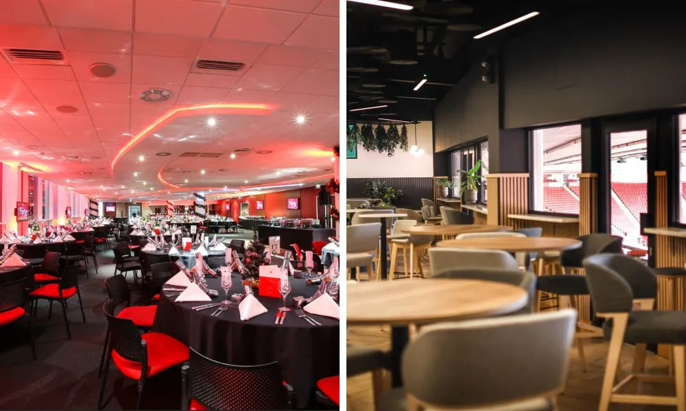 red dining room with neon lights and modern seating area at football stadium