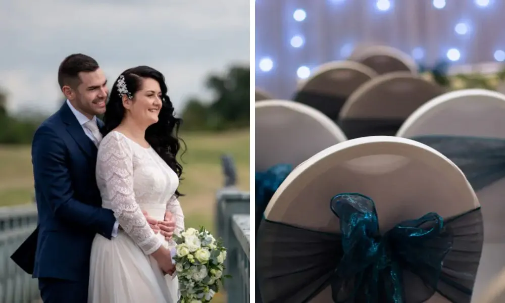couple posing with flowers and aisle with blue ribbons