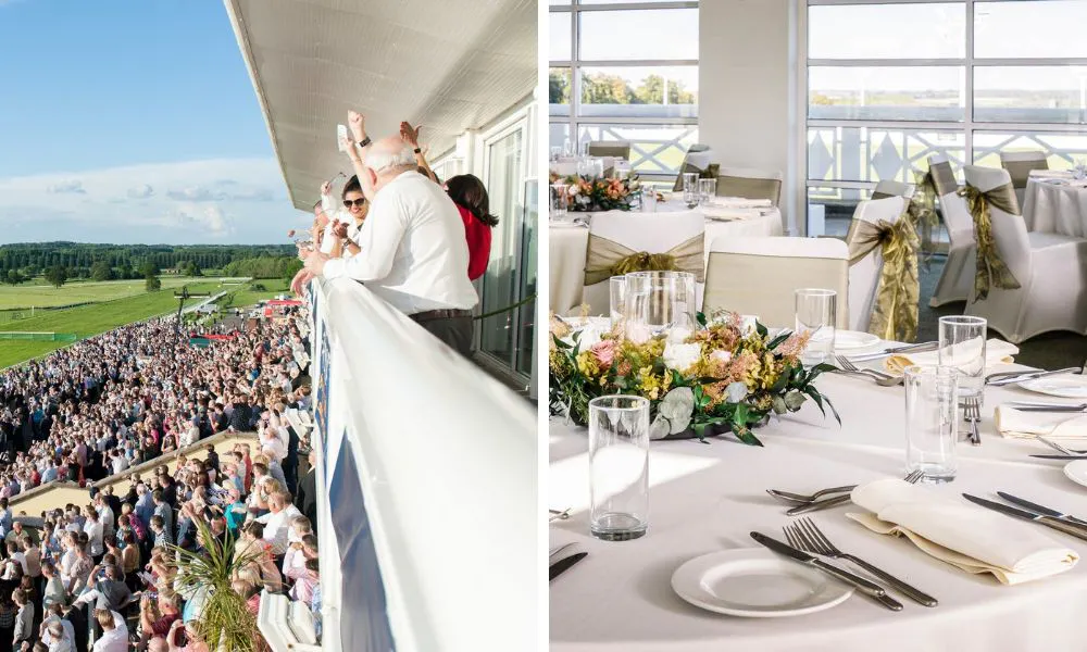 couple celebrating at racecourse and wedding breakfast with floral centrepiece