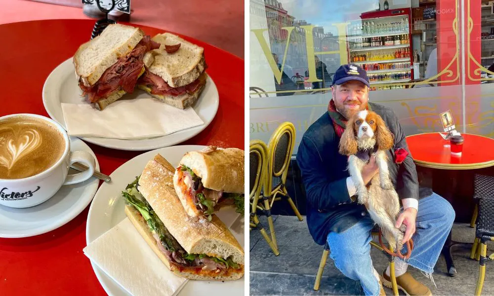 a selection of sandwiches and a coffee (left), a man sat on an outside terrace with his dog (right)