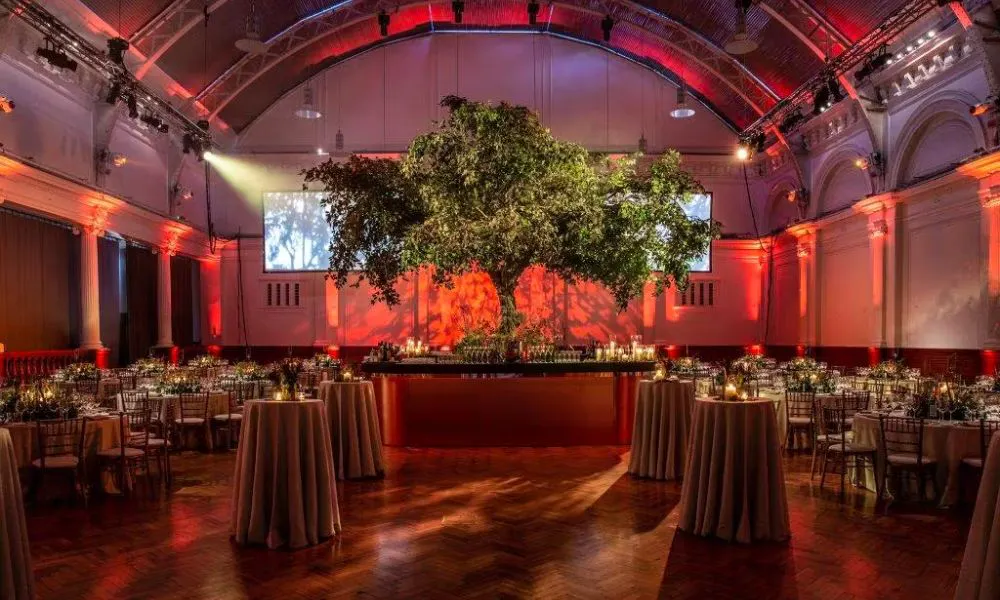 a striking hall set up for a drinks reception gala
