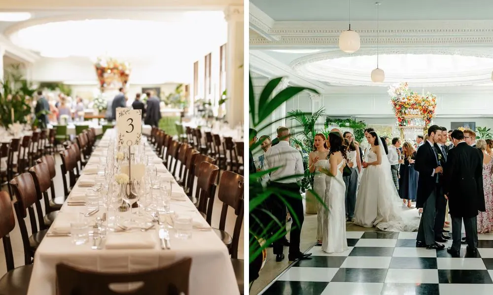 a wedding breakfast set up and a bride, groom and wedding guests stood under 1 Lombard Street's iconic dome