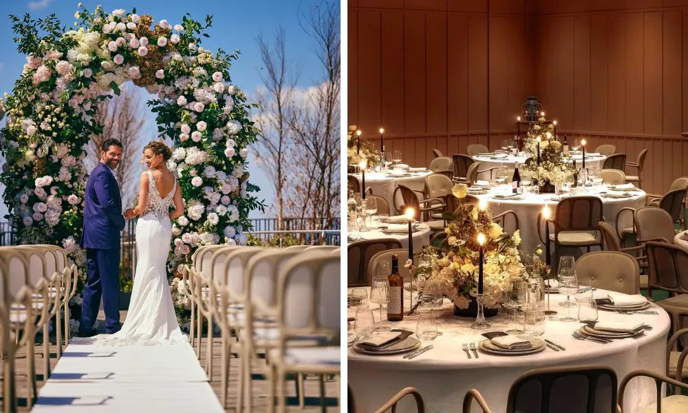 a couple getting married outside, and a wedding breakfast set up at art'otel