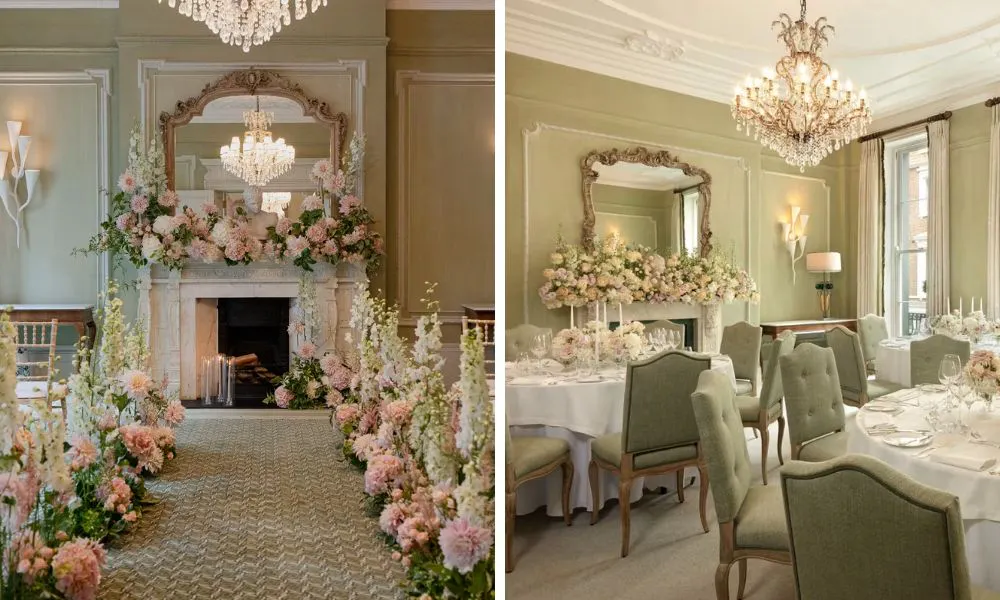 elegant, pastel green interiors set up for a wedding ceremony and breakfast