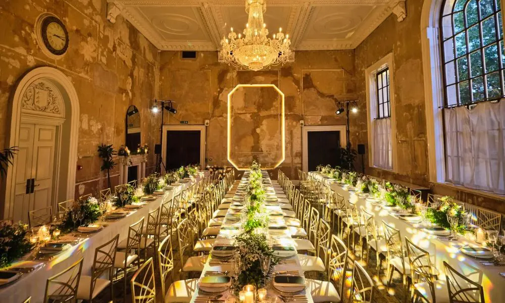a banquet-style setup for a wedding breakfast at Knotel Old Sessions House