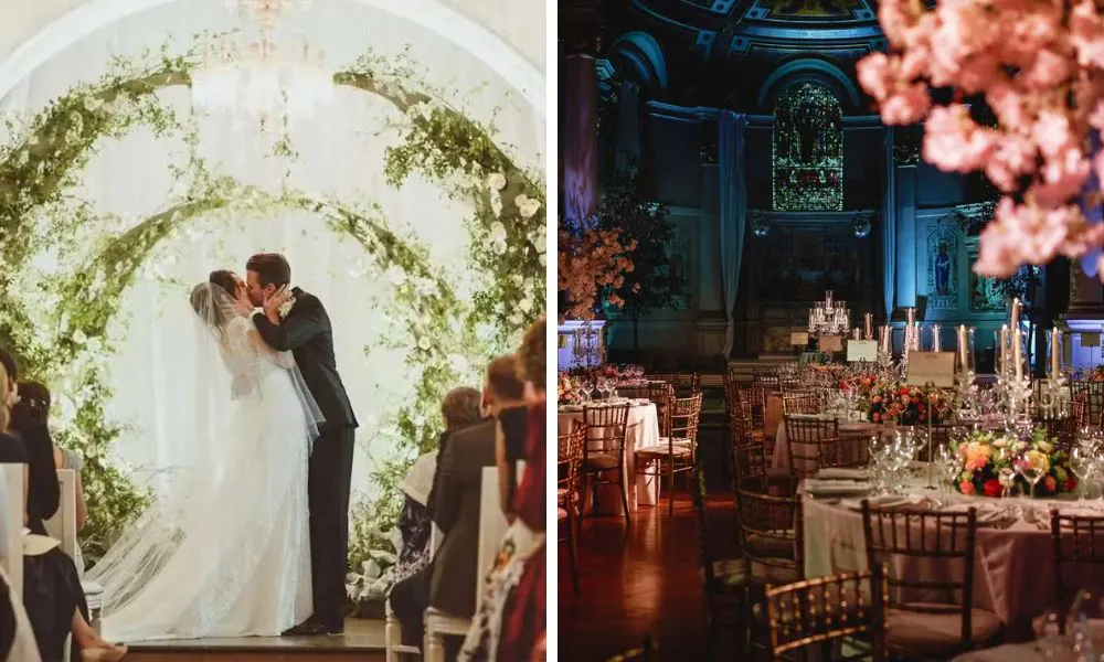 a bride and groom kissing, and a historic room set up for a wedding breakfast