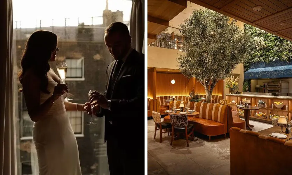 a bride and groom standing in front of a window, and an Italian-style restaurant with olive trees