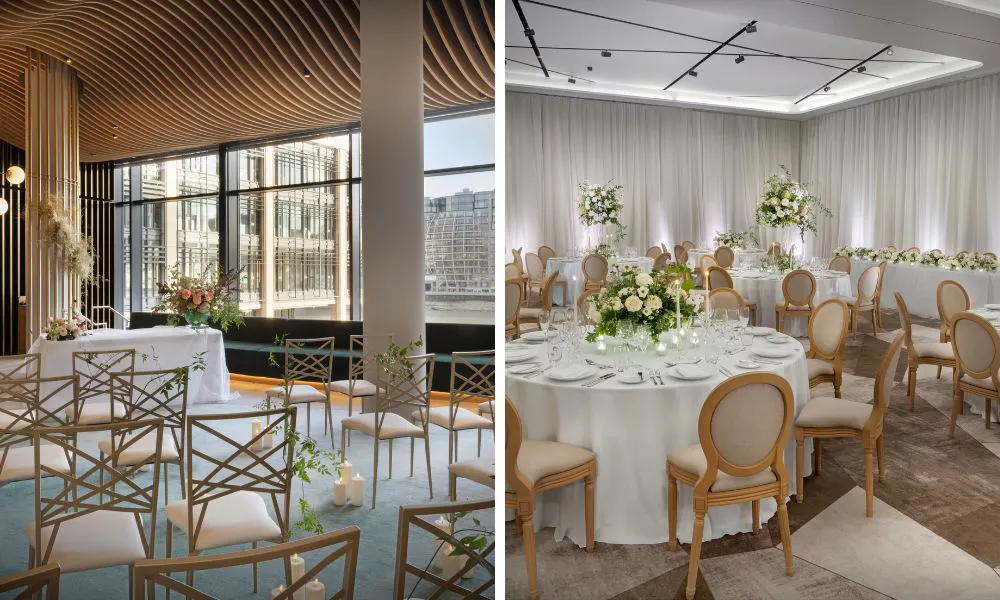 elegant wedding reception set up with city views