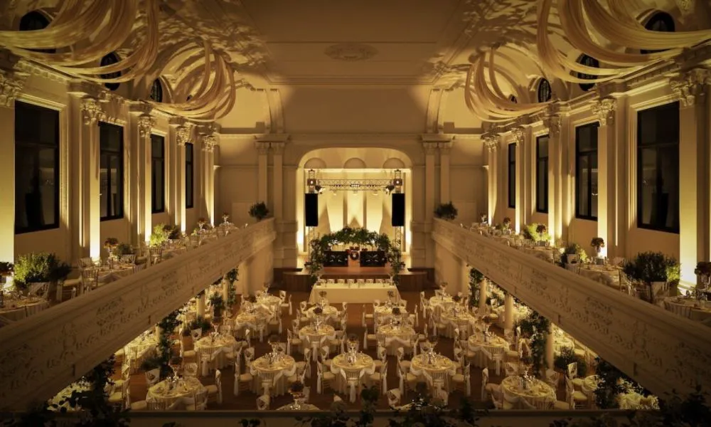 grand hall for wedding breakfast with pillars and balcony