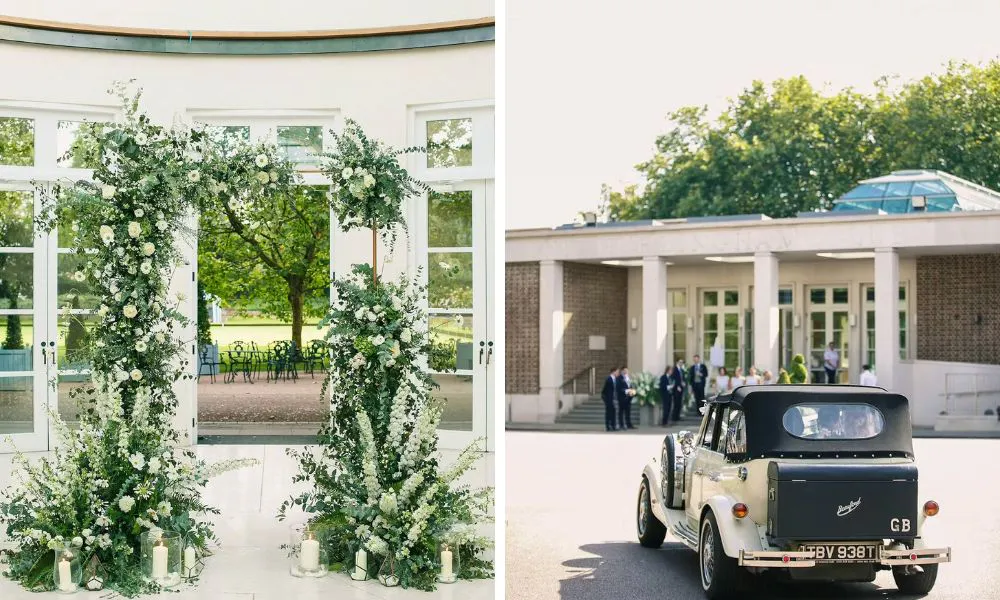 decorative foliage archway and wedding car pulling up to venue
