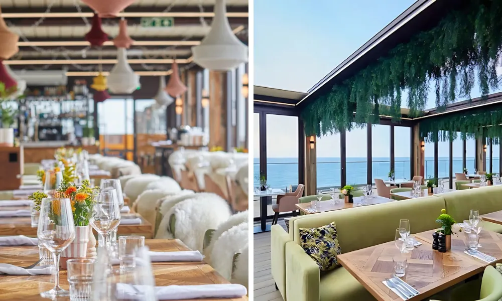 open air restaurant terrace with view of the sea