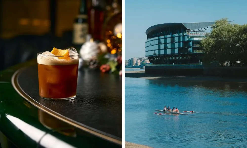 a cocktial on a bar and a riverside complex by the Thames