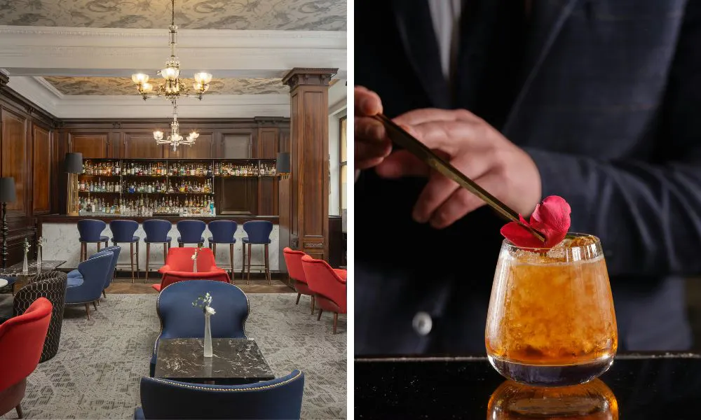 elegant, wood-panneled bar, and someone putting the finishing touches on a cocktail