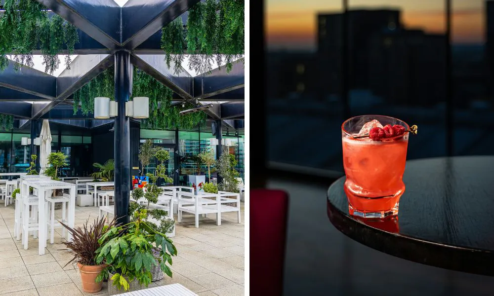 rooftop bar covered with foliage and a red, fruity cocktail on a table
