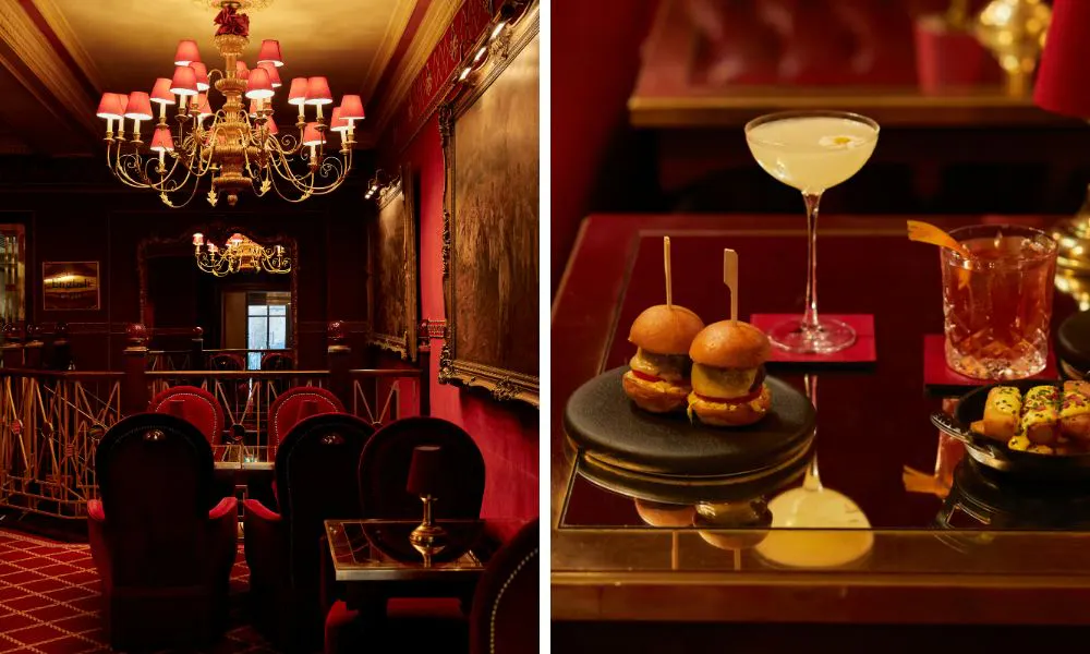 ruby red interiors and a selection of cocktails and snacks 