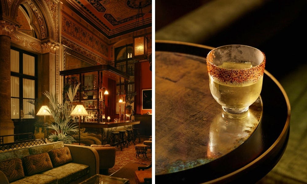 Ornate victorian cocktail lounge with soft lighting