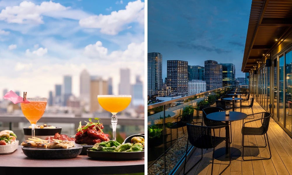 Cocktails and food with London skyline behind