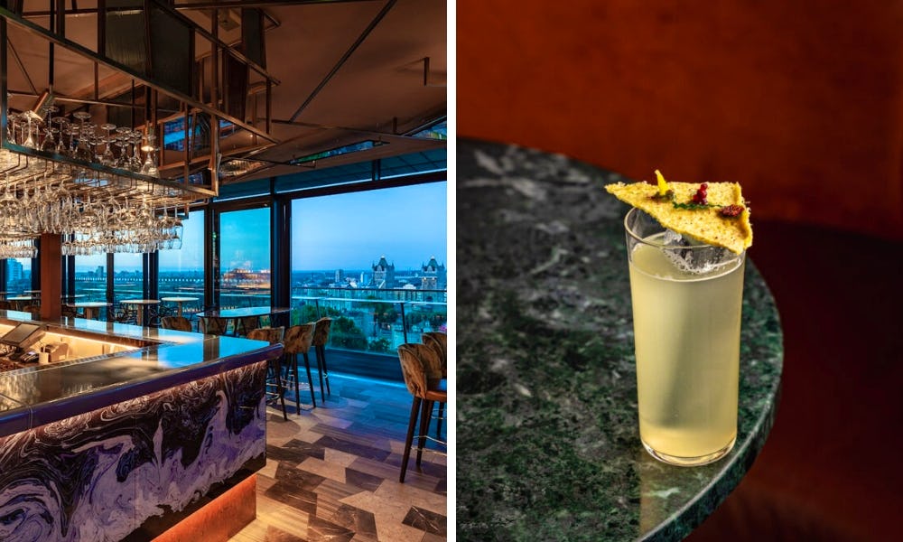 cocktail bar at dusk with pale yellow tall drink