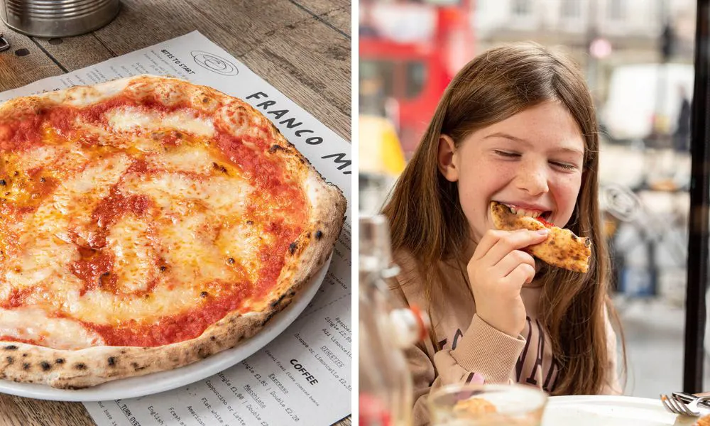 a girl eating margharita pizza