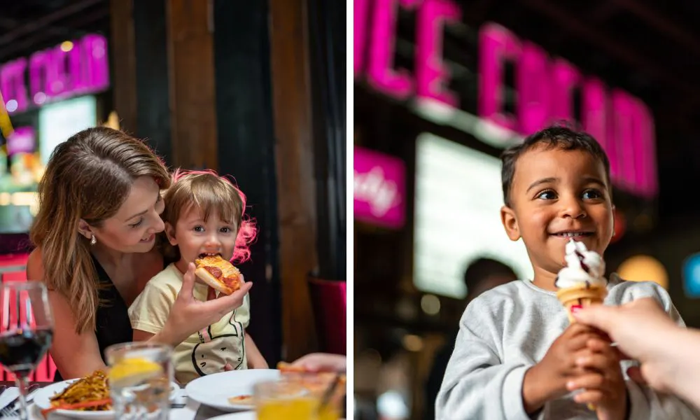 kids eating pizza and ice cream at Za Za Bazaar