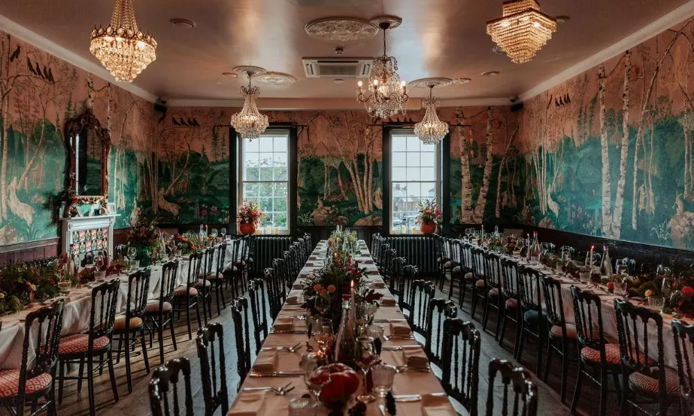 a wedding banquet set up with eccentric interior decoration