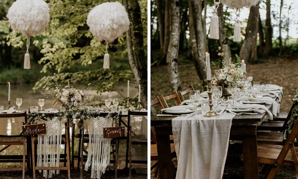 a wedding breakfast set up in the forest