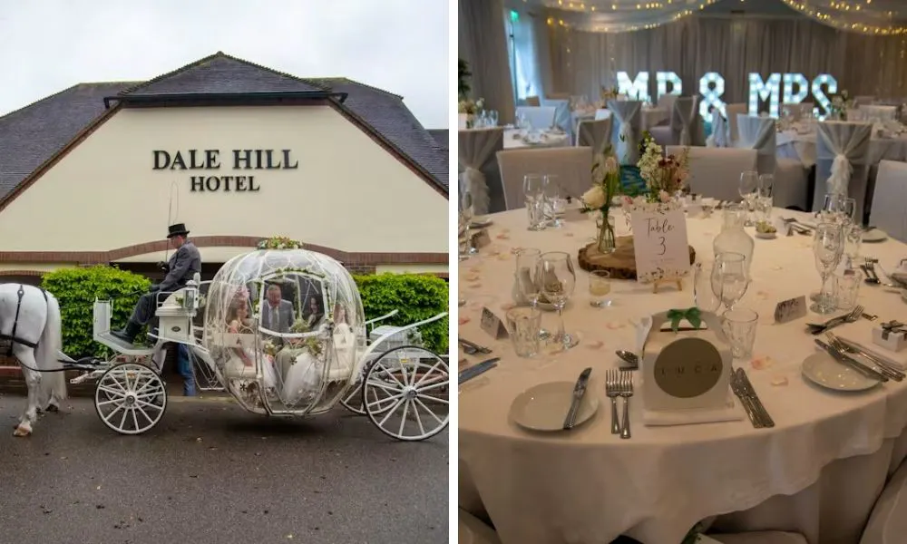 horse and carriage and wedding breakfast with mr and mrs sign