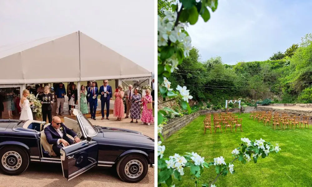man stepping out of a garden and outdoor chairs for ceremony