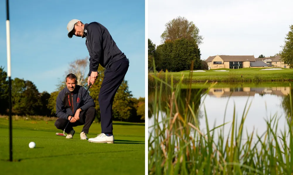 Man playing gold and view of golf course with pond