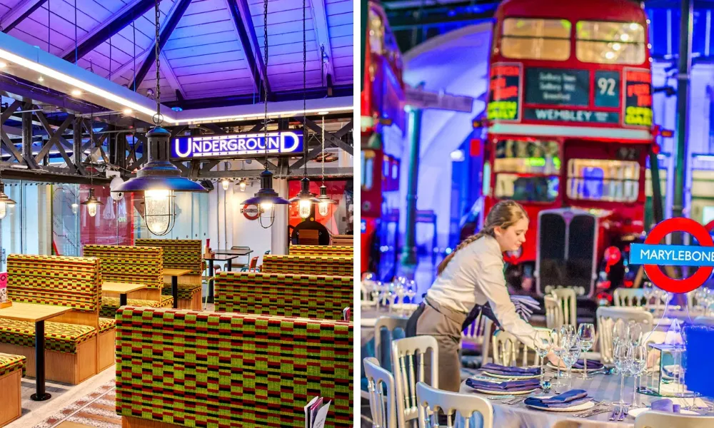 Dining area made to look like a train carriage