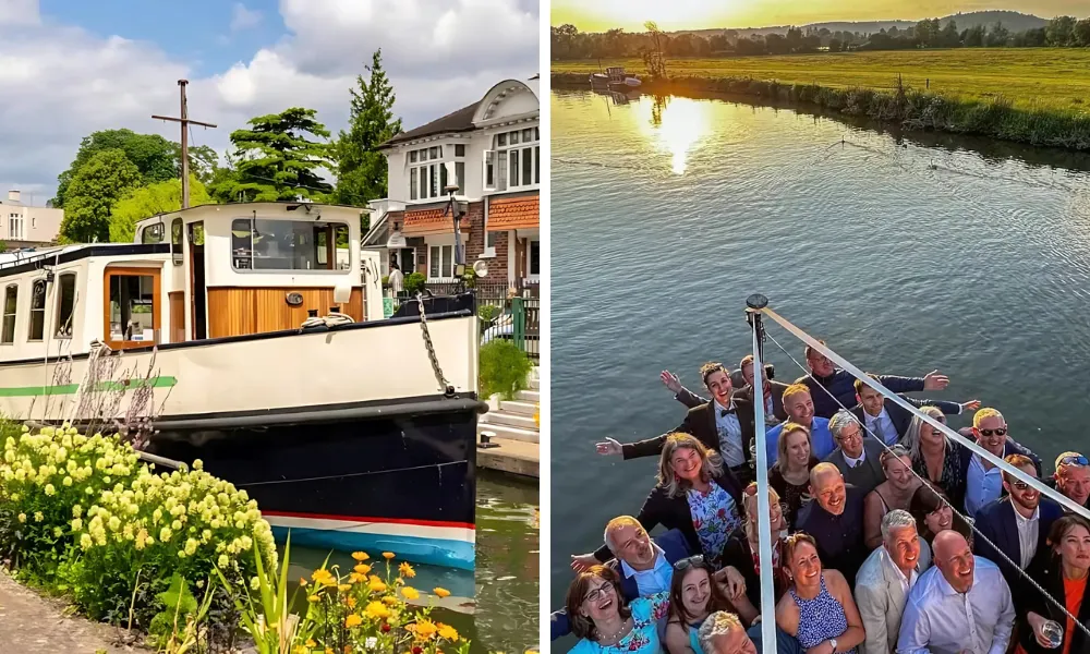Boat for hire on a river, and party guests celebrating