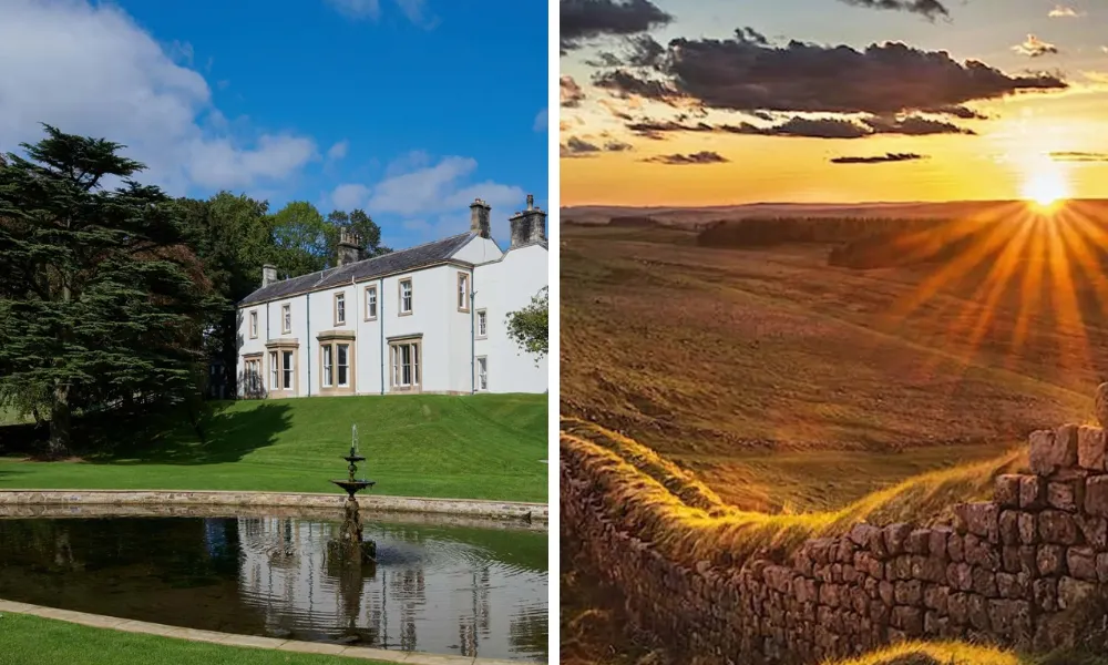 White house hotel with pond and view from hadrians wall