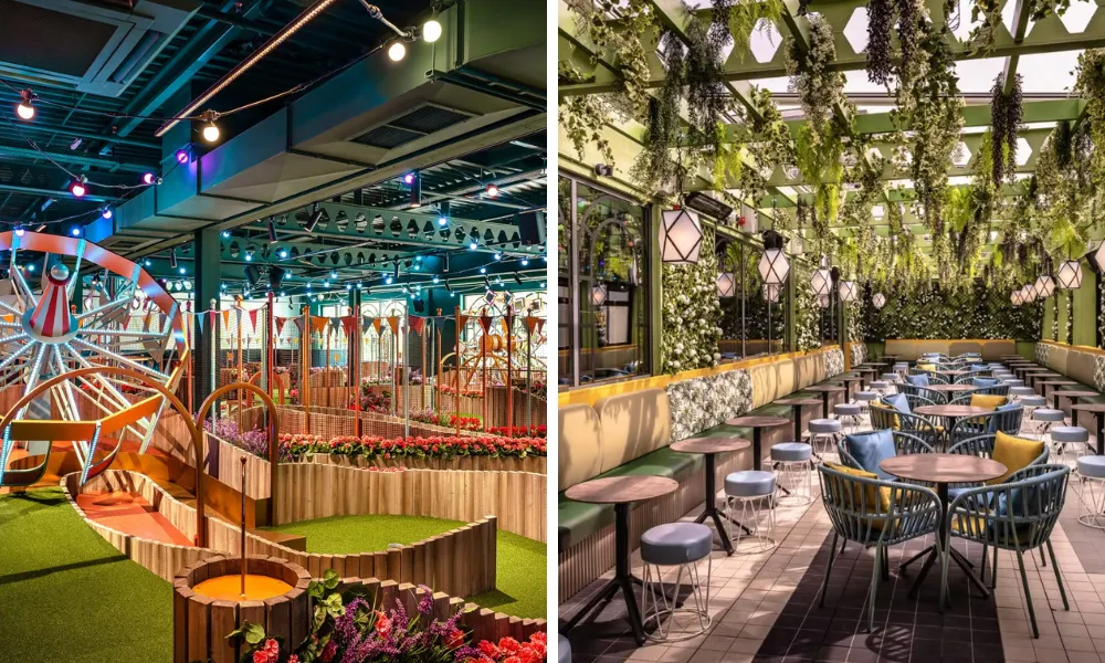 Crazy golf course with flowery terrace area