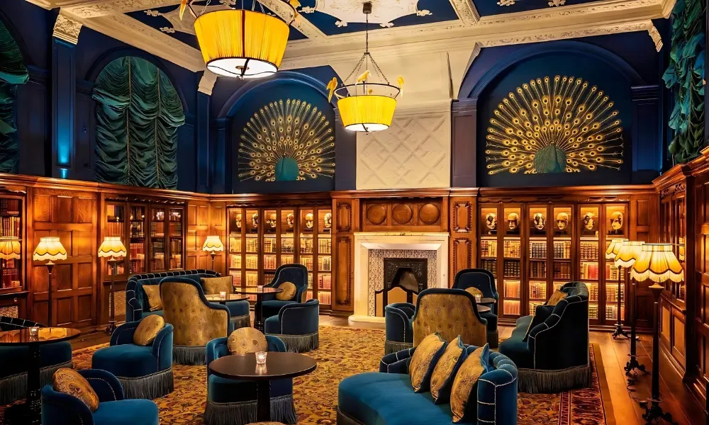 Ornate library room with venetian masks in cabinets