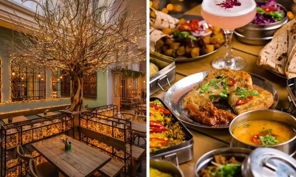 restaurant interiors with fairy lights and trees and sharing feasting menu