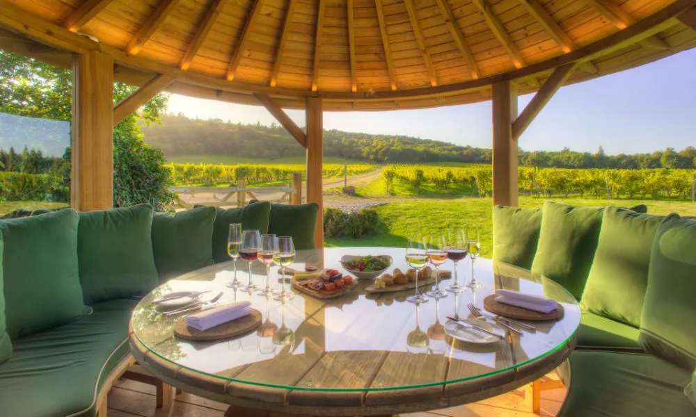 a table set up for a wine tasting at Denbies Wine Estate
