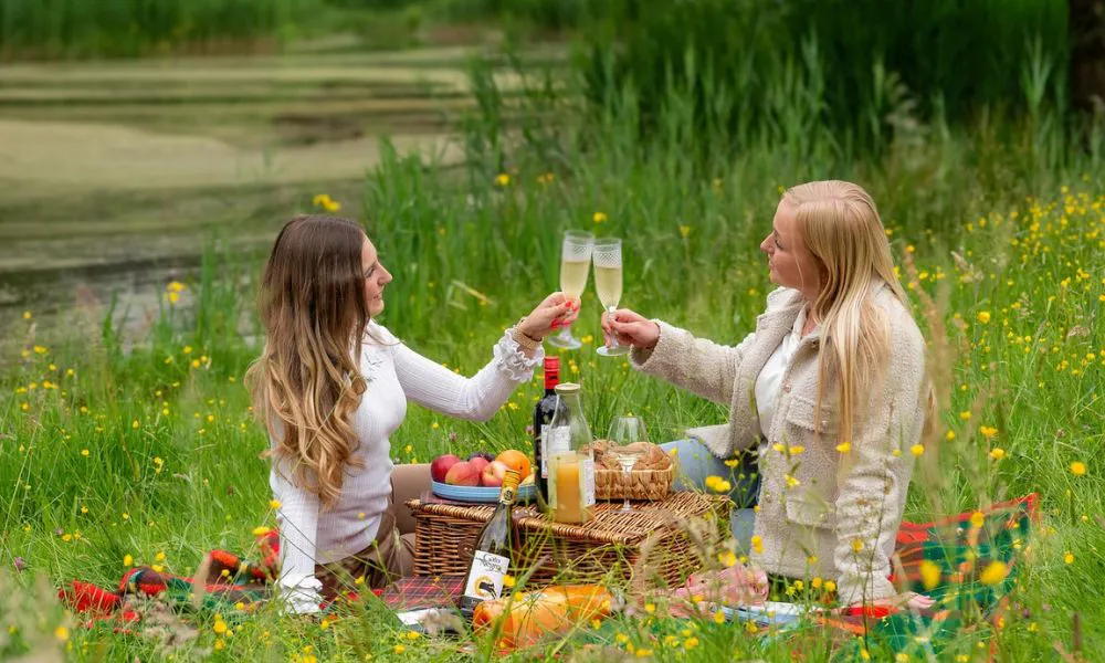 two women having a picnic in the park with prosecco