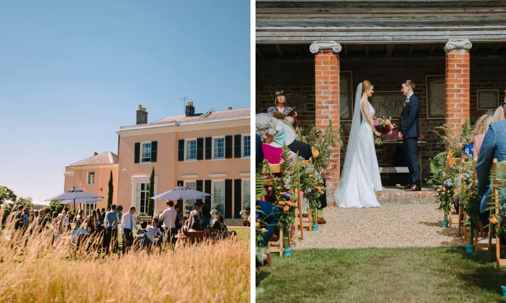 wedding party on a lawn in front of stately home