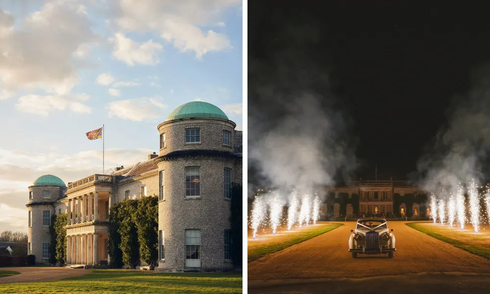 big stately home wedding venue lit by fireworks