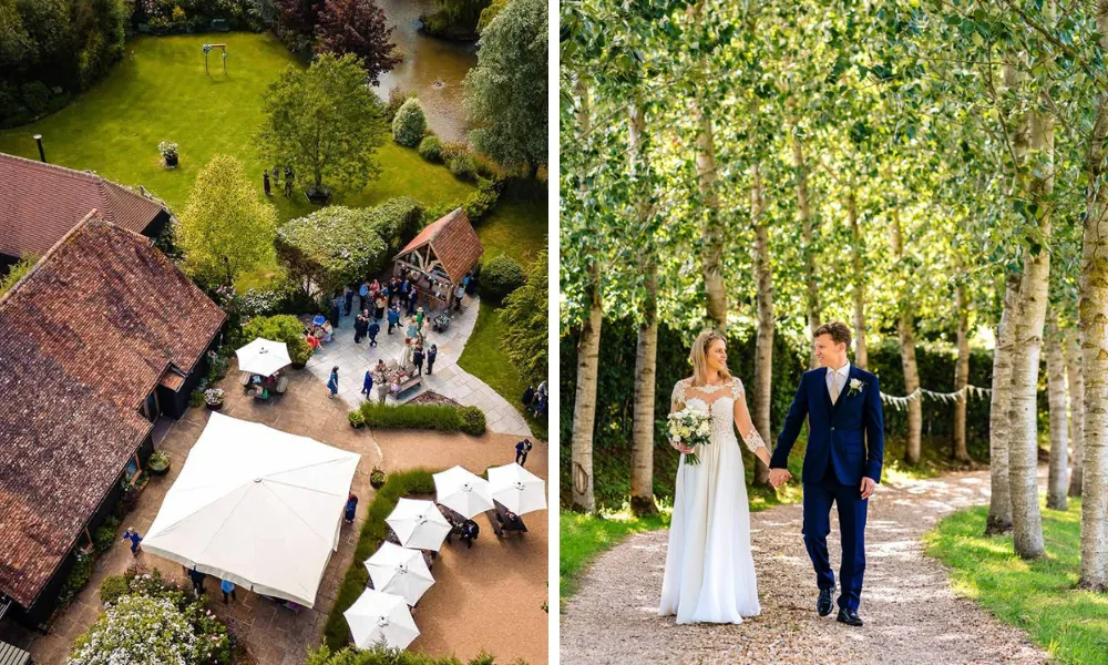 bride and groom walking down tree-lined path