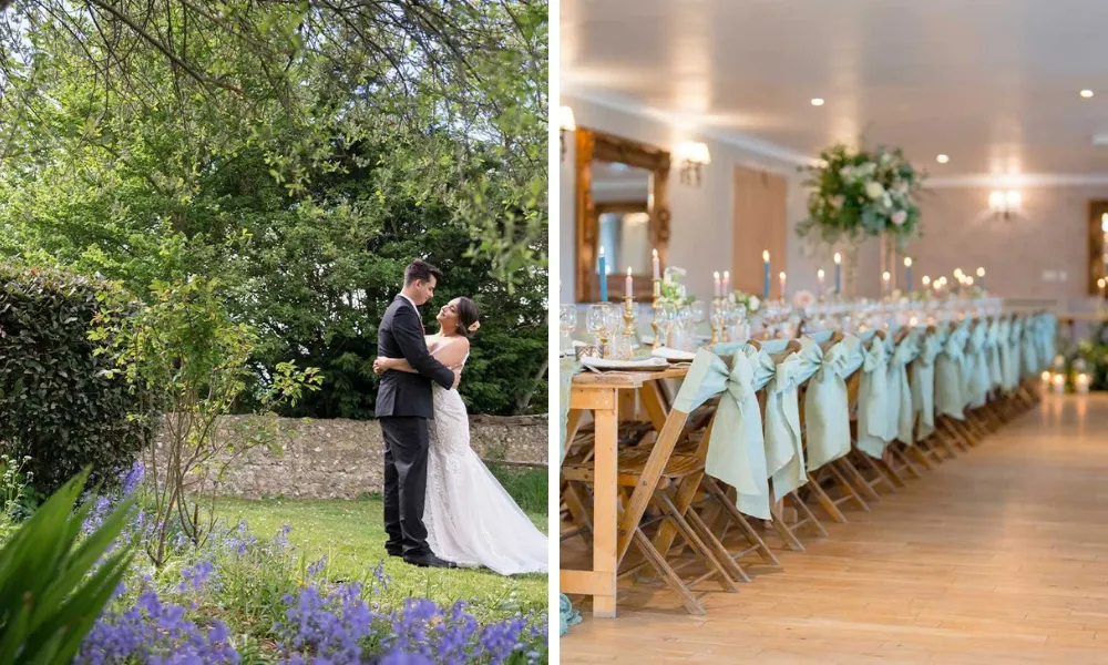 Bride and groom in a garden
