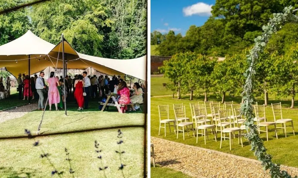wedding guests in a marquee and ceremony chairs outside
