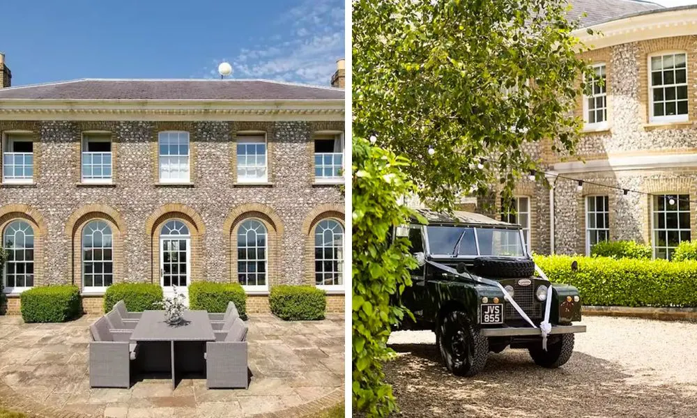 outdoor wedding venue and wedding car