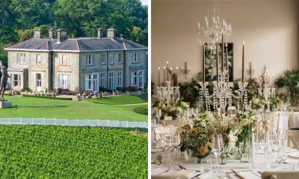 grand house with vineyard and wedding tablescape with glass candlesticks
