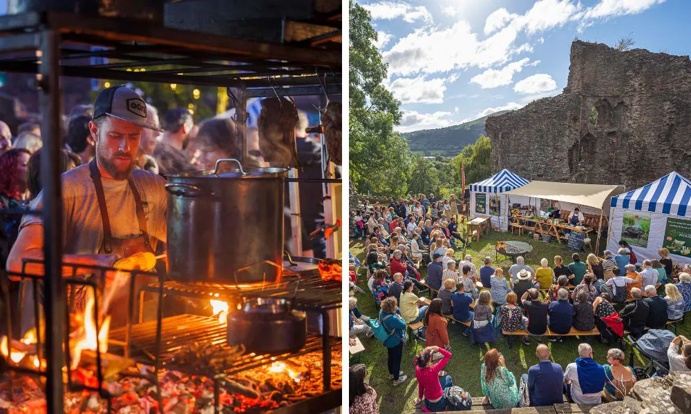 cooking over open fire and guests sat outside a castle