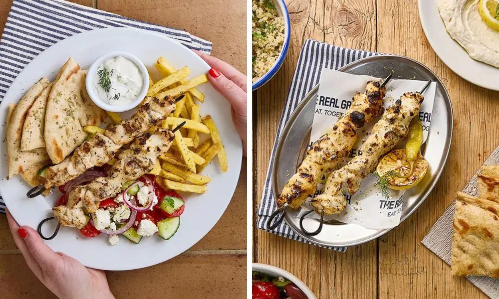 chicken souvlaki with chips salad and pita and two chicken kebabs