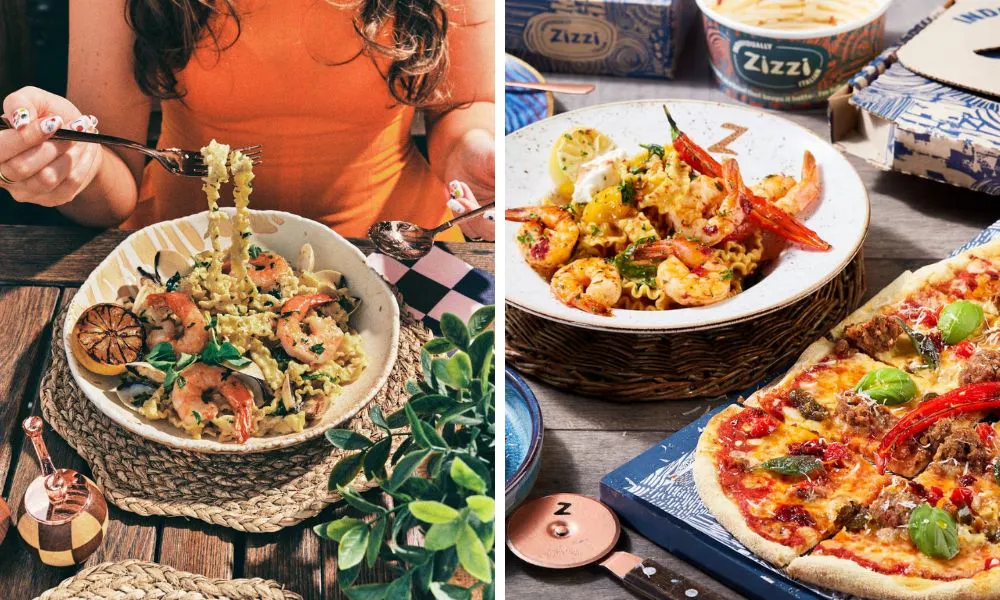 bowl of prawn pasta and pizza